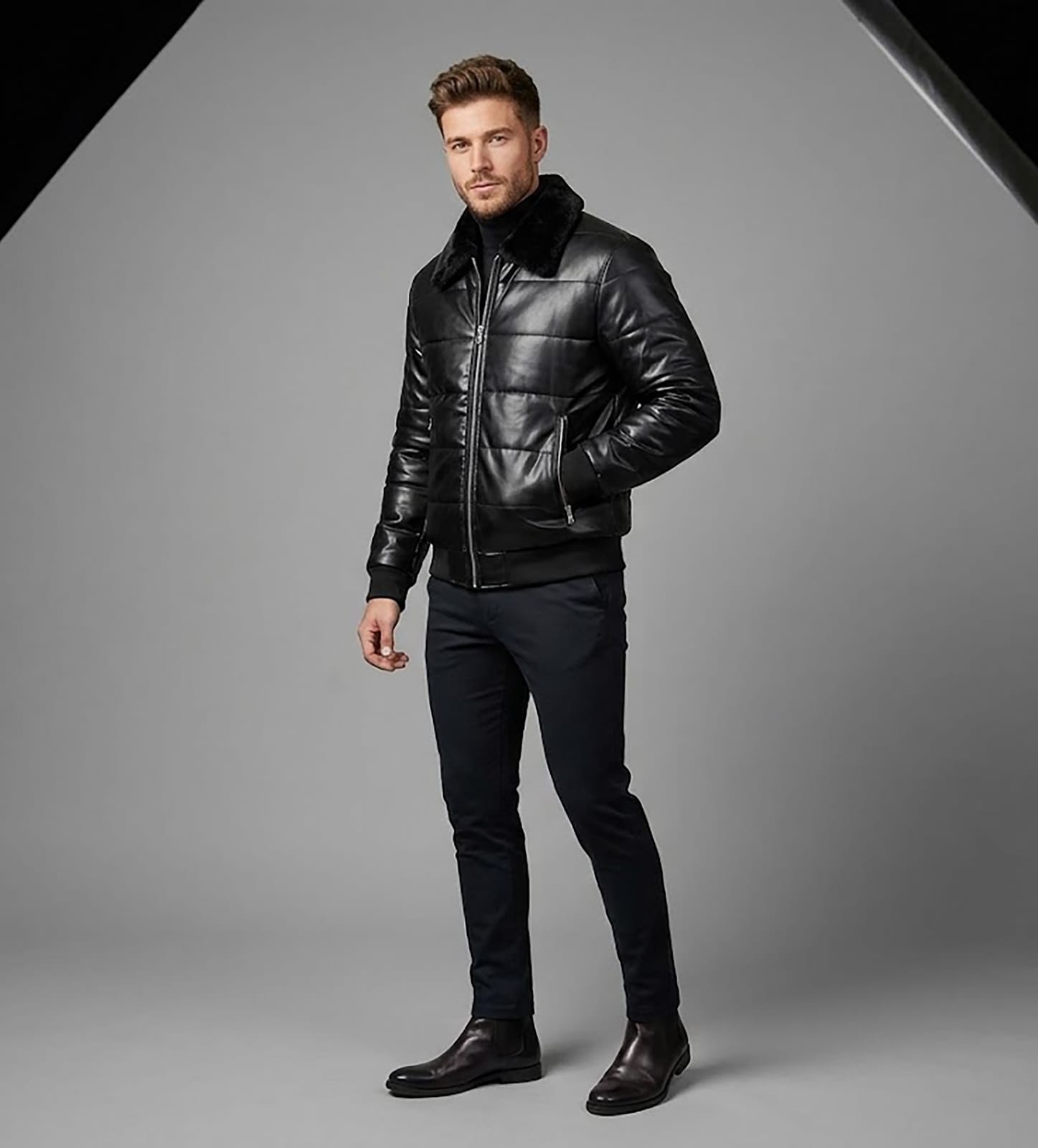 Men's Quilted Leather Puffer Jacket with Plush Fur Collar — Jet Black