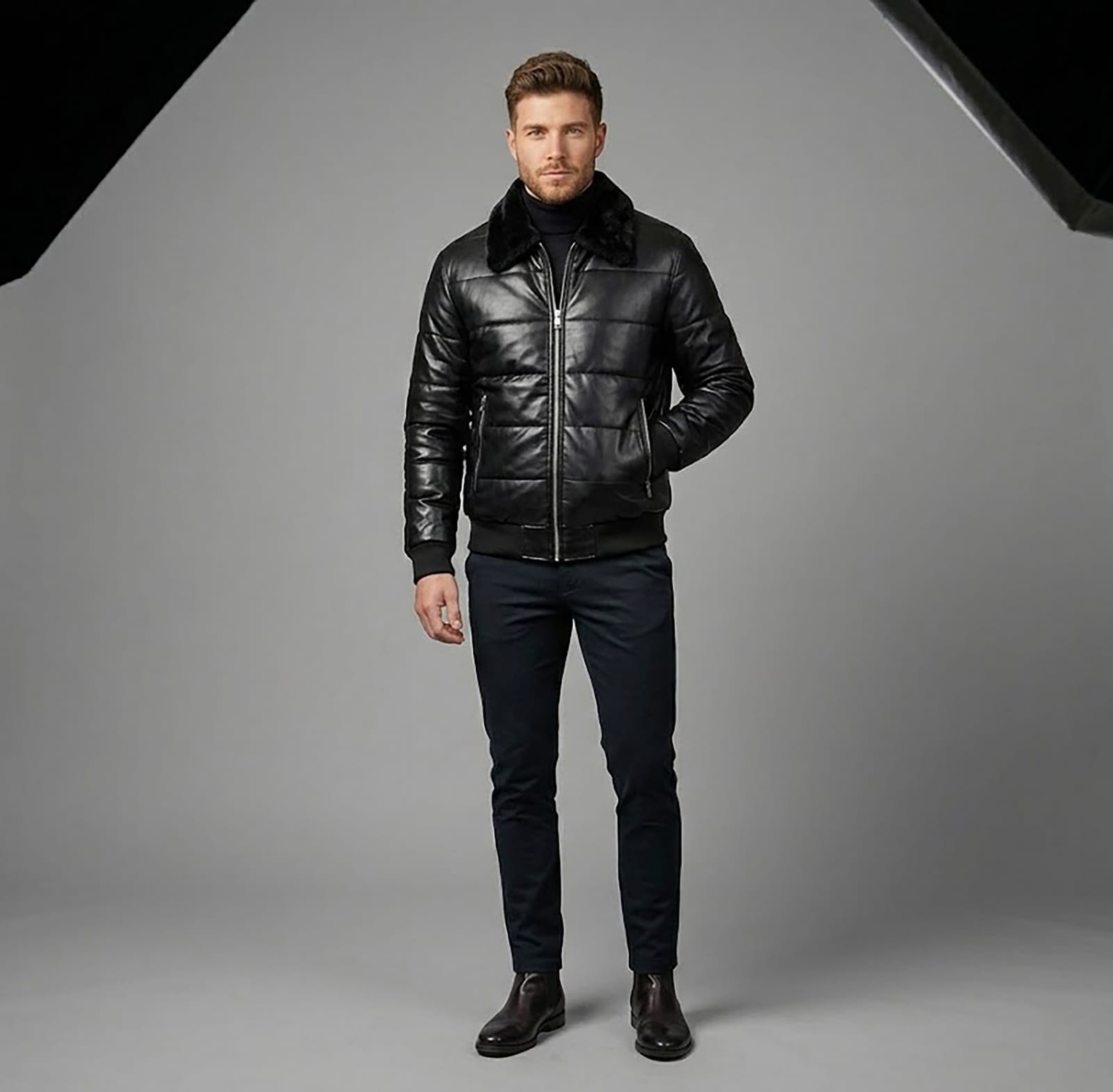 Men's Quilted Leather Puffer Jacket with Plush Fur Collar — Jet Black - Luxury Bedding Textile