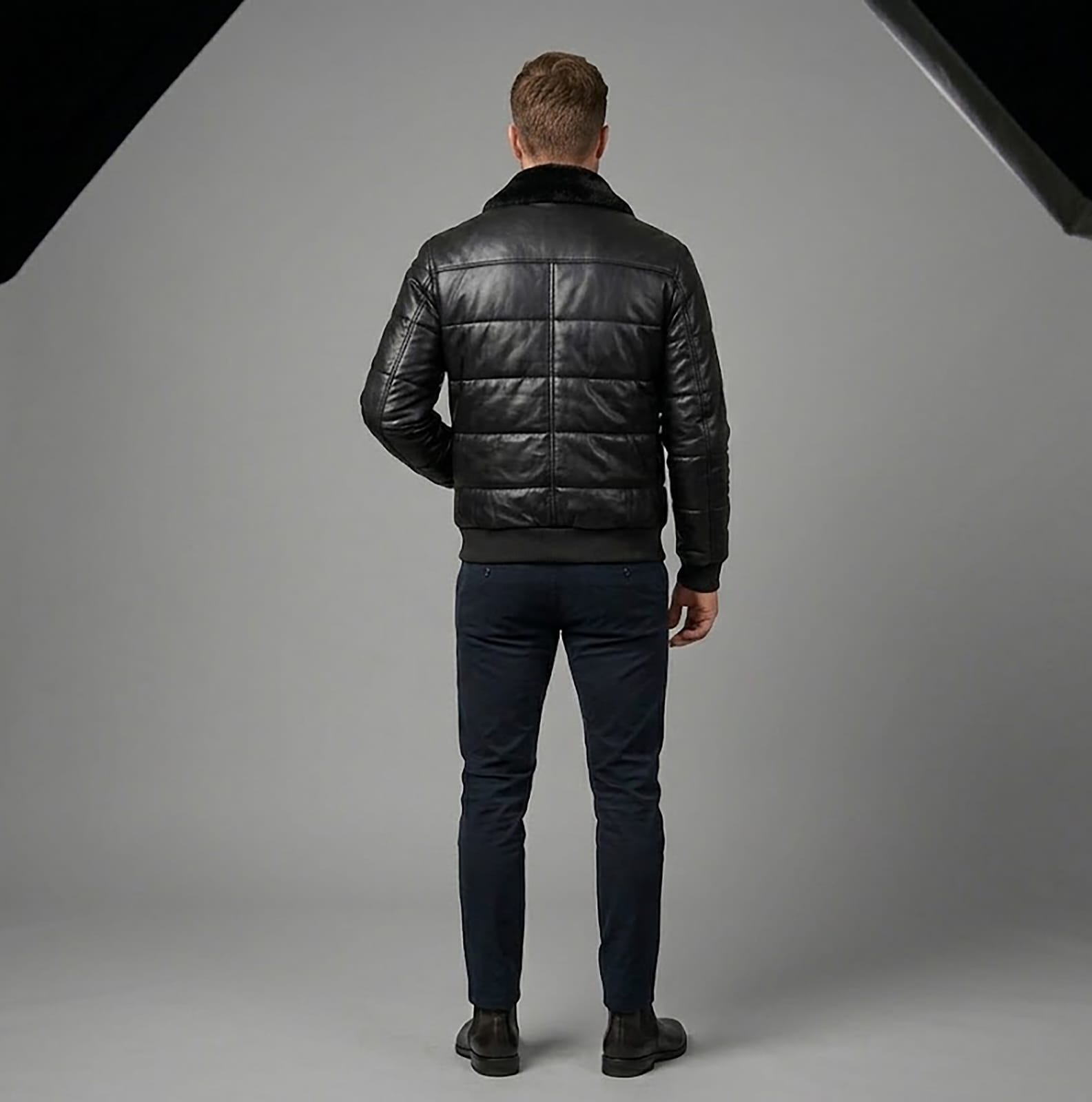 Men's Quilted Leather Puffer Jacket with Plush Fur Collar — Jet Black - Luxury Bedding Textile